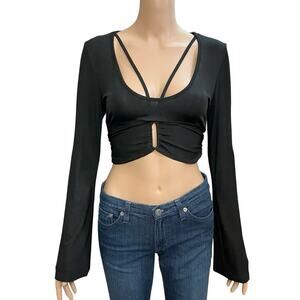 Cushnie Et Ochs Carbon 38 Cropped Activewear Top Medium Bell Sleeve Sporty Black